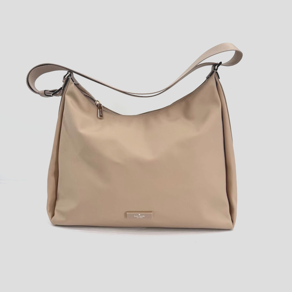 Kate Spade Hobo Shoulder Bag Beige Nylon Logo Strap Large Zip Top Purse